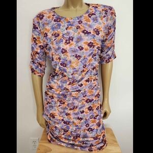 Zara Floral Long-Sleeve Ruched Dress - Purple & Peach Floral Print XXL